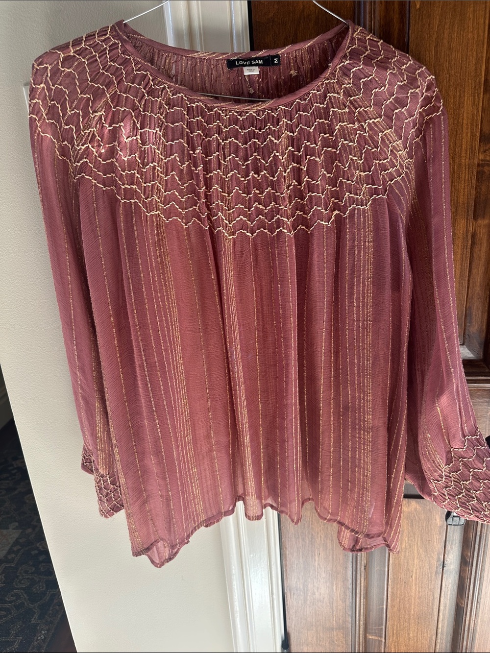 Love Sam Rose Mauve Blouse with Metallic Gold Stripes Medium EUC